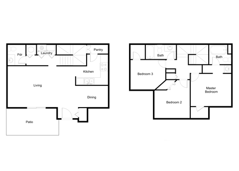 Floor plan for 3 beds, 2.5 baths, 1242 sqft